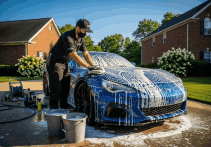 Detailer washing a blue sports car with soap and buckets in the driveway during mobile car cleaning