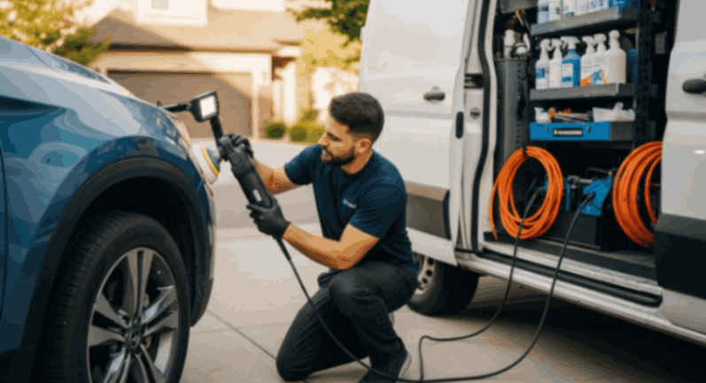 Mobile car detailer polishing a blue vehicle beside an open van with organized tools while detailing