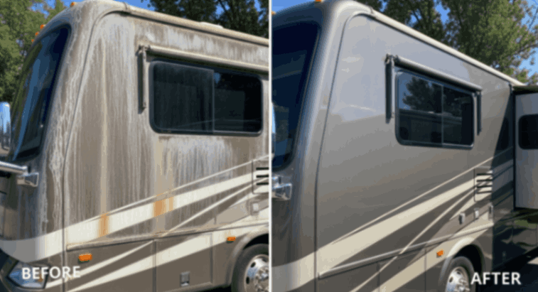 Side-by-side before and after of an oxidized RV exterior restored to a glossy finish,