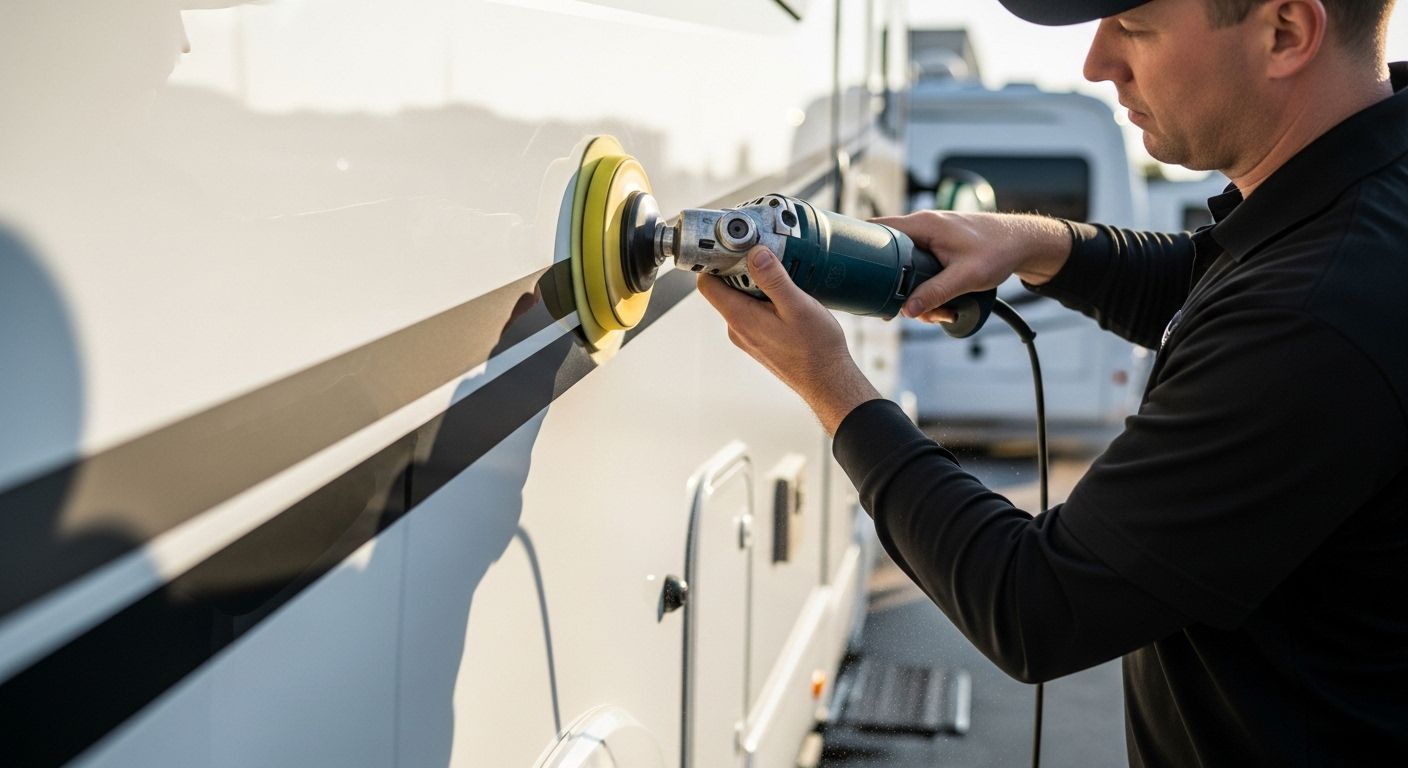 Technician using a rotary buffer to polish an RV exterior, enhancing shine and removing oxidation as part of mobile RV detailing services.