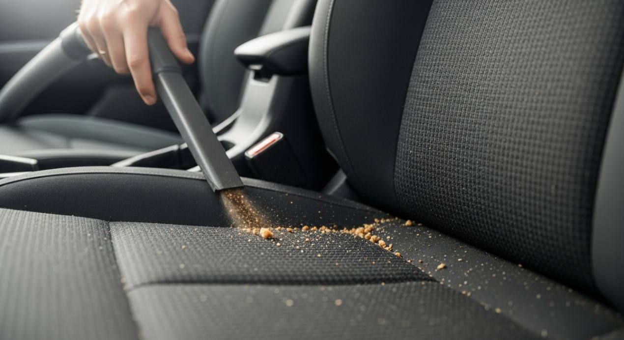 Close-up of vacuum cleaner removing crumbs and debris from fabric car seat, showcasing professional 