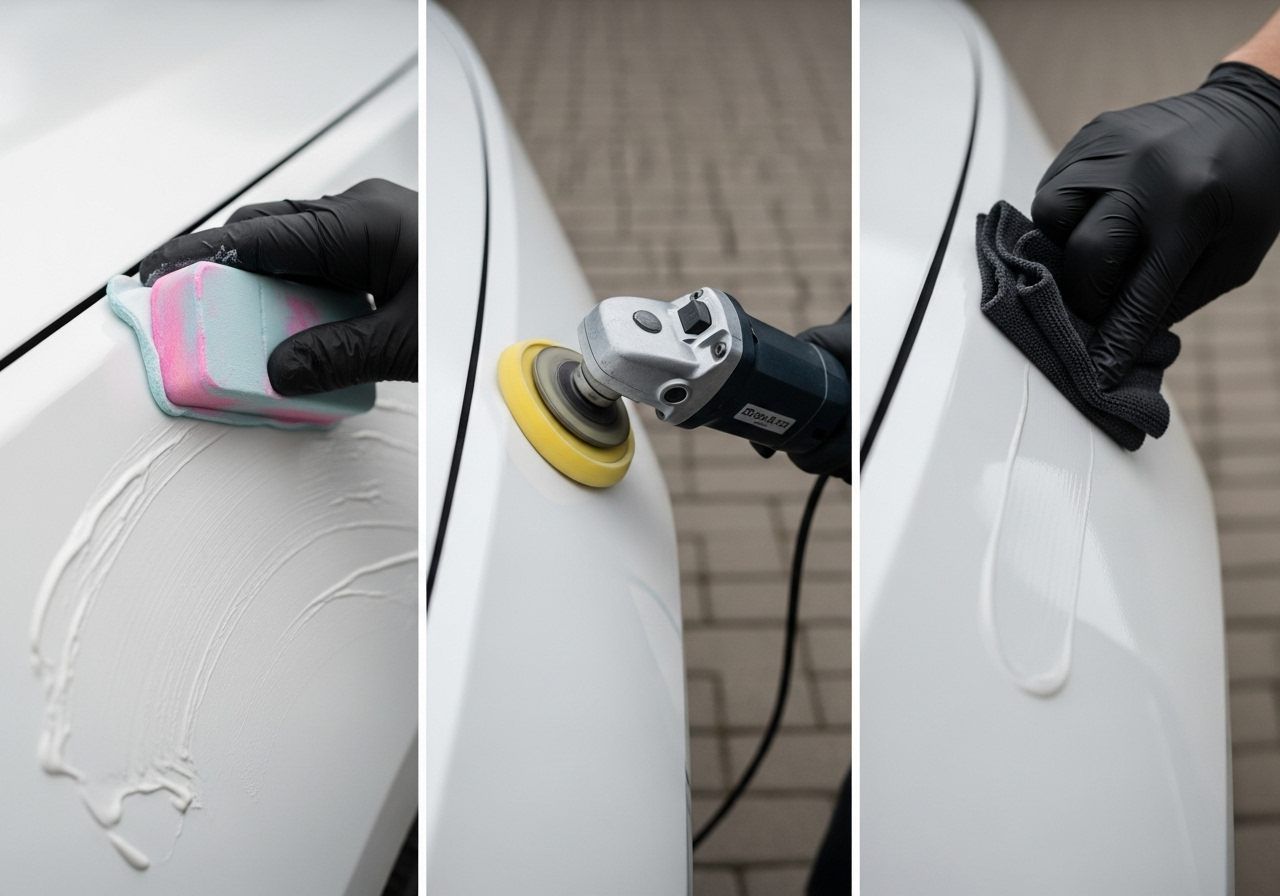 Three-panels of vehicle showing car paint correction steps: decontamination, machine polishing, and protection.