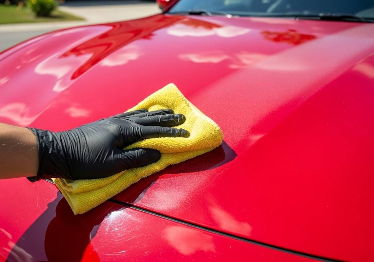 A microfiber towel being pulled back to reveal a flawless, mirror-like red paint finish | Berger Mobile Detailing