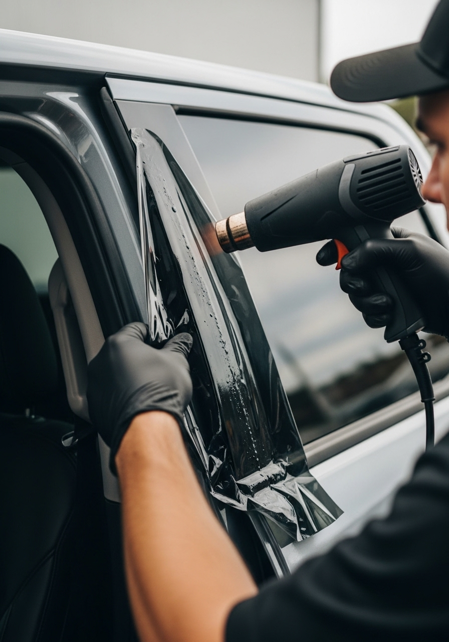 Technician hand heat shrinking window tint film on Ford F-150 rear glass during professional window tint installation