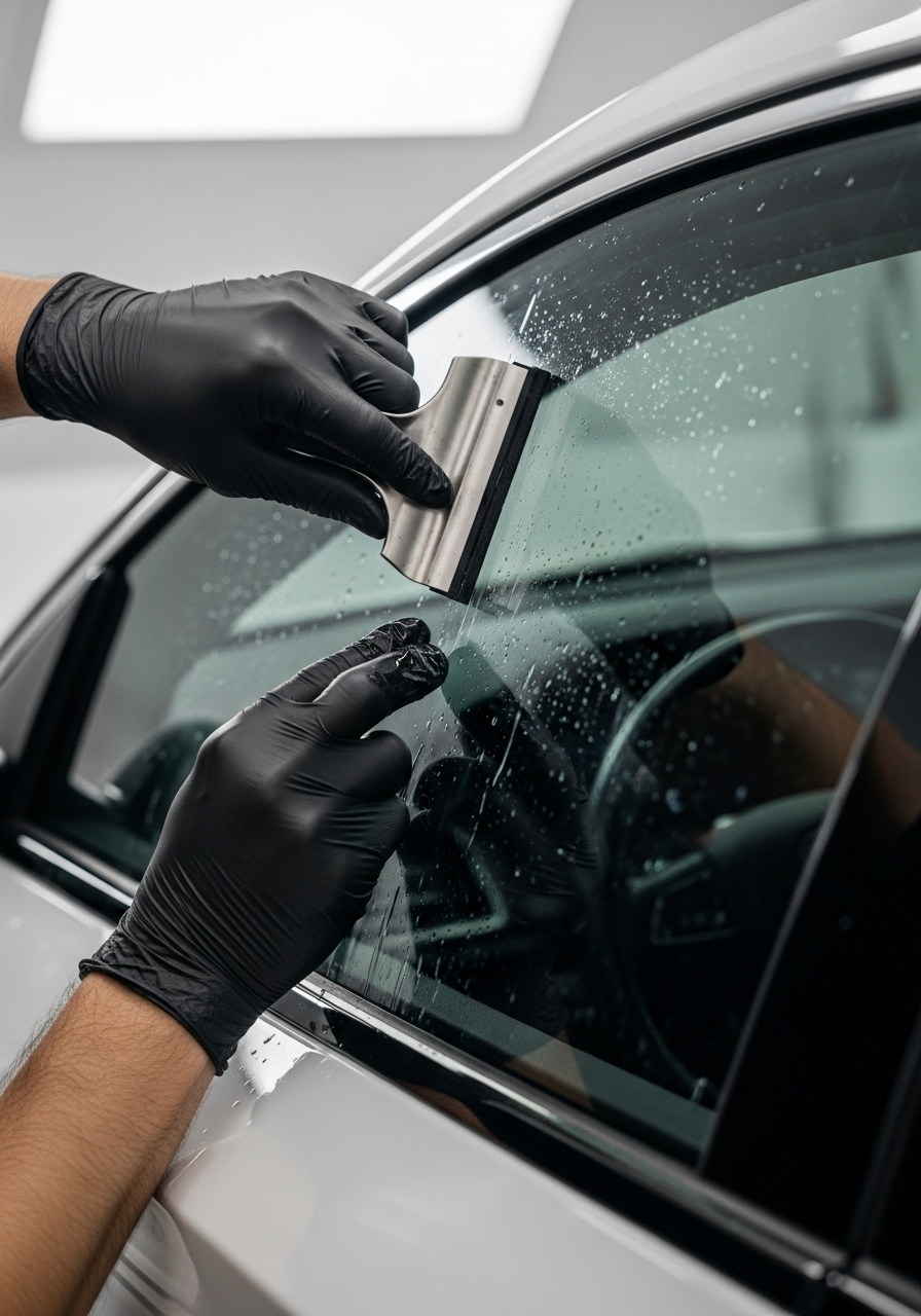 Technician hand applying window tint to Honda Accord side window using squeegee during professional tint installation