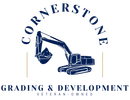 Logo: Blue excavator, arched "CORNERSTONE" text, "GRADING & DEVELOPMENT," "VETERAN-OWNED."