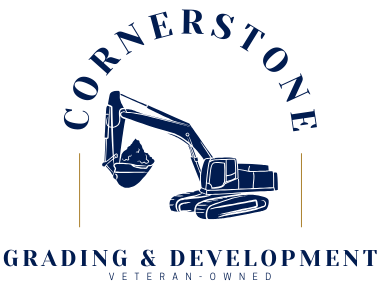 Logo: Blue excavator, arched "CORNERSTONE" text, "GRADING & DEVELOPMENT," "VETERAN-OWNED."