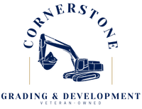 Logo: Blue excavator, arched "CORNERSTONE" text, "GRADING & DEVELOPMENT," "VETERAN-OWNED."