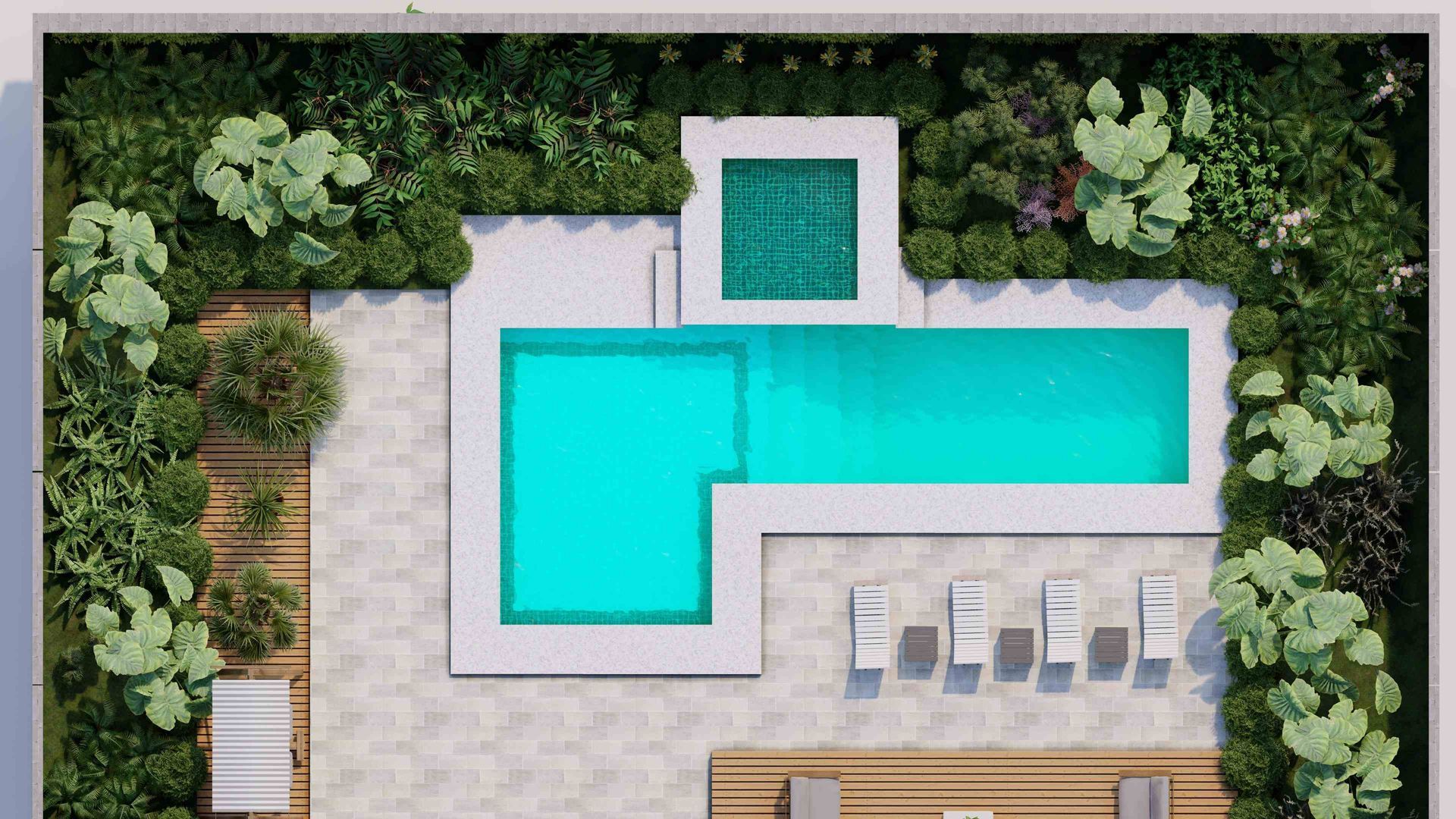 An aerial shot of a big in-ground pool