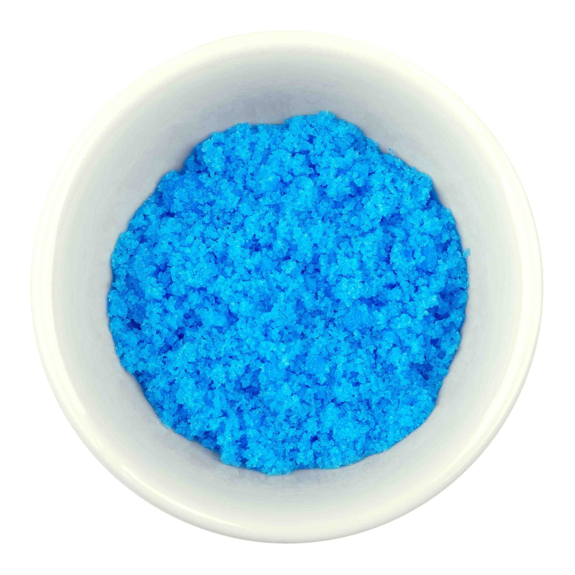 a bucket of salt that is blue colored
