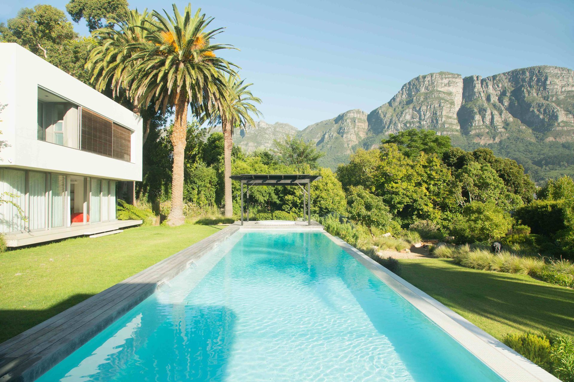 A lap pool in backyard