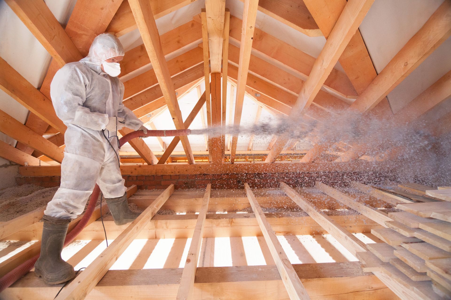 Person in protective suit spraying insulation in an attic.