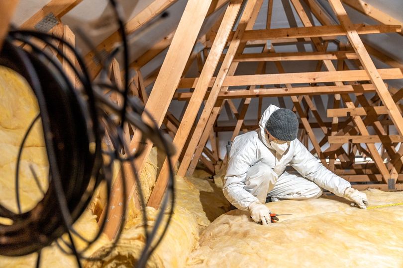Person in protective suit installing insulation in attic.