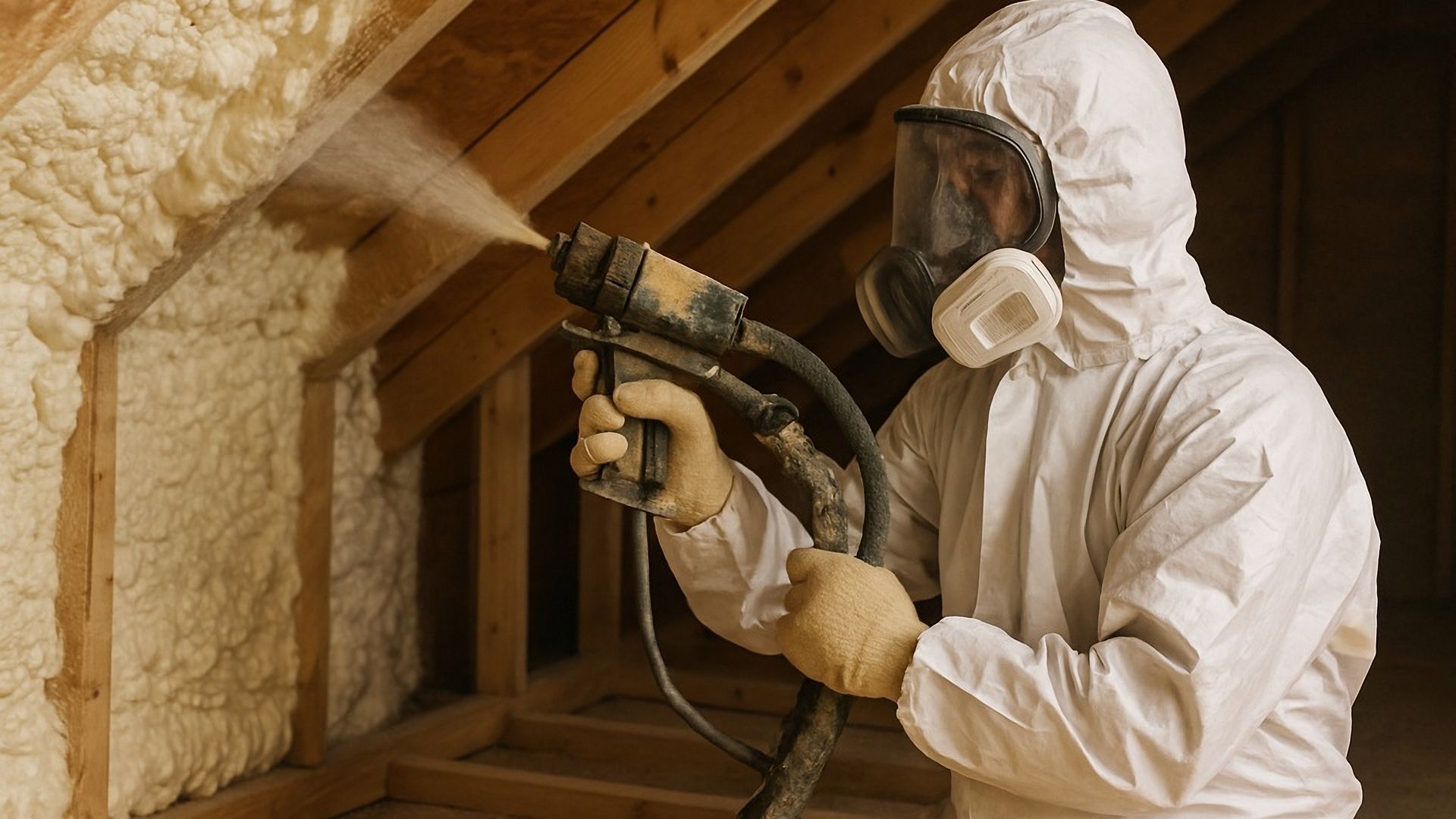 Person in protective suit spraying foam insulation in an attic.