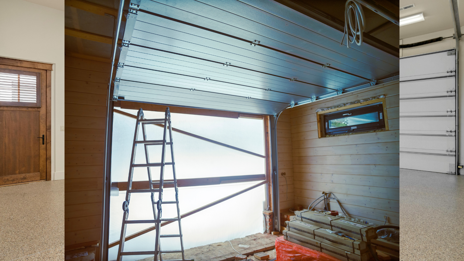 Garage interior with open door, ladder, and wood door on left.