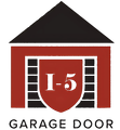 A red garage door with the number 1-5 on it