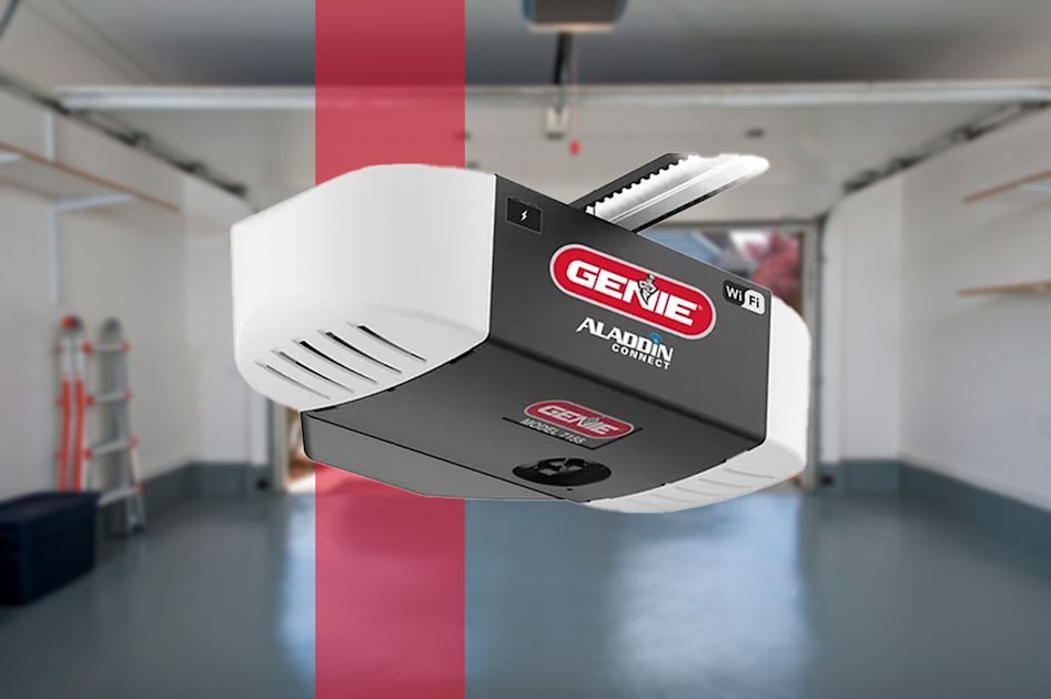 Garage door opener, Genie brand, in a garage.