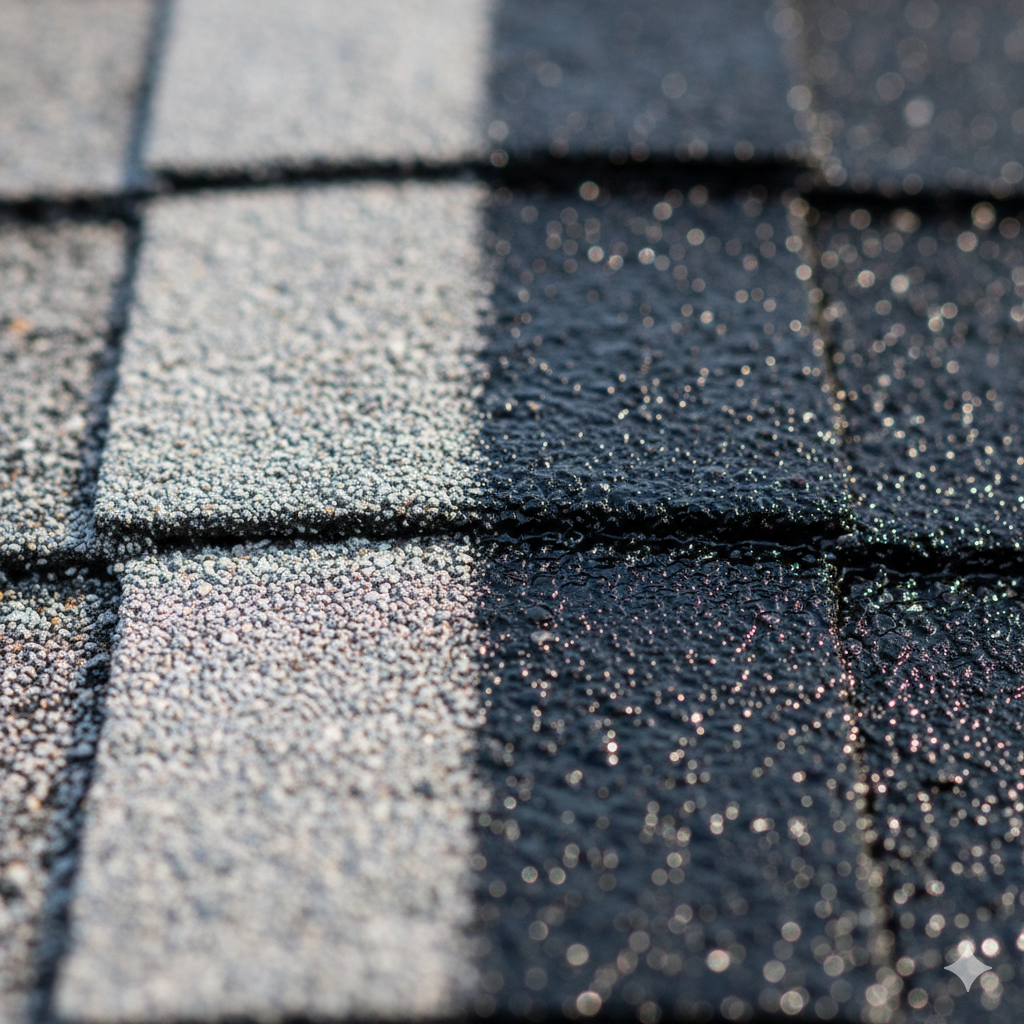 Close-up of asphalt roof shingles, varying shades of gray and black, showing texture and granules.