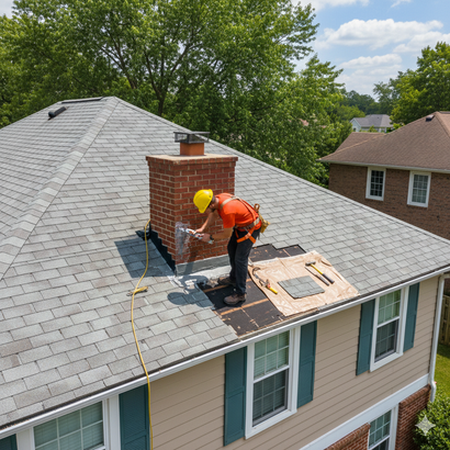 Roofer in hardhat repairing a chimney on a gray shingle roof.
