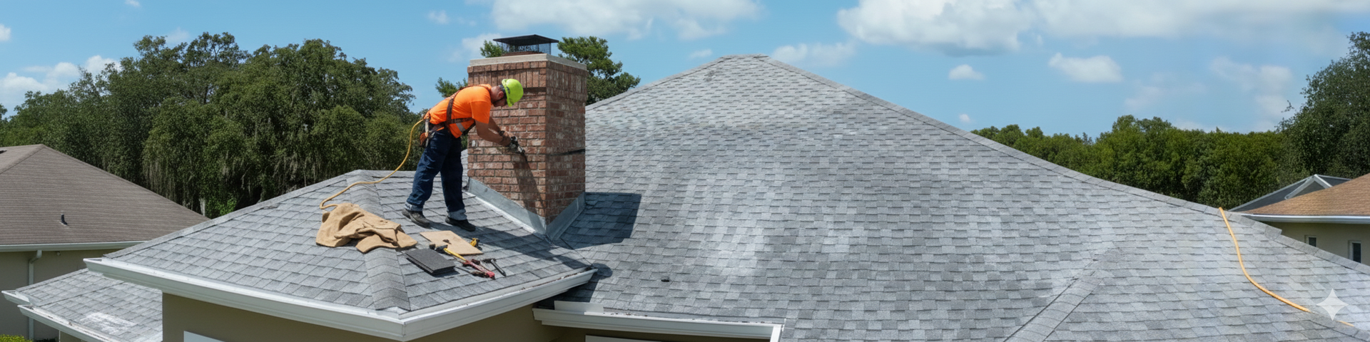 Roofer working on a roof near a chimney. Orange shirt, blue pants, and green hard hat. Blue sky and trees.