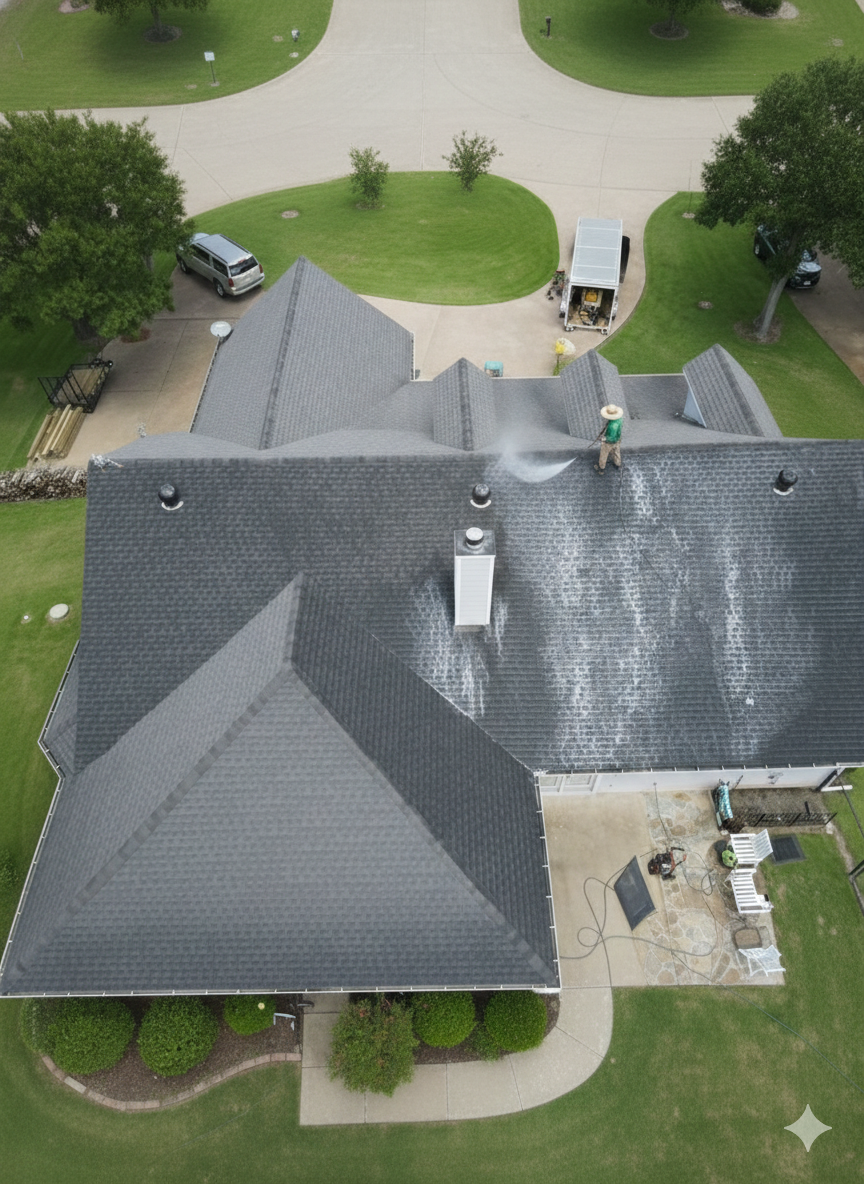 Person pressure washing a dark gray roof of a house. Green lawn surrounds the home.