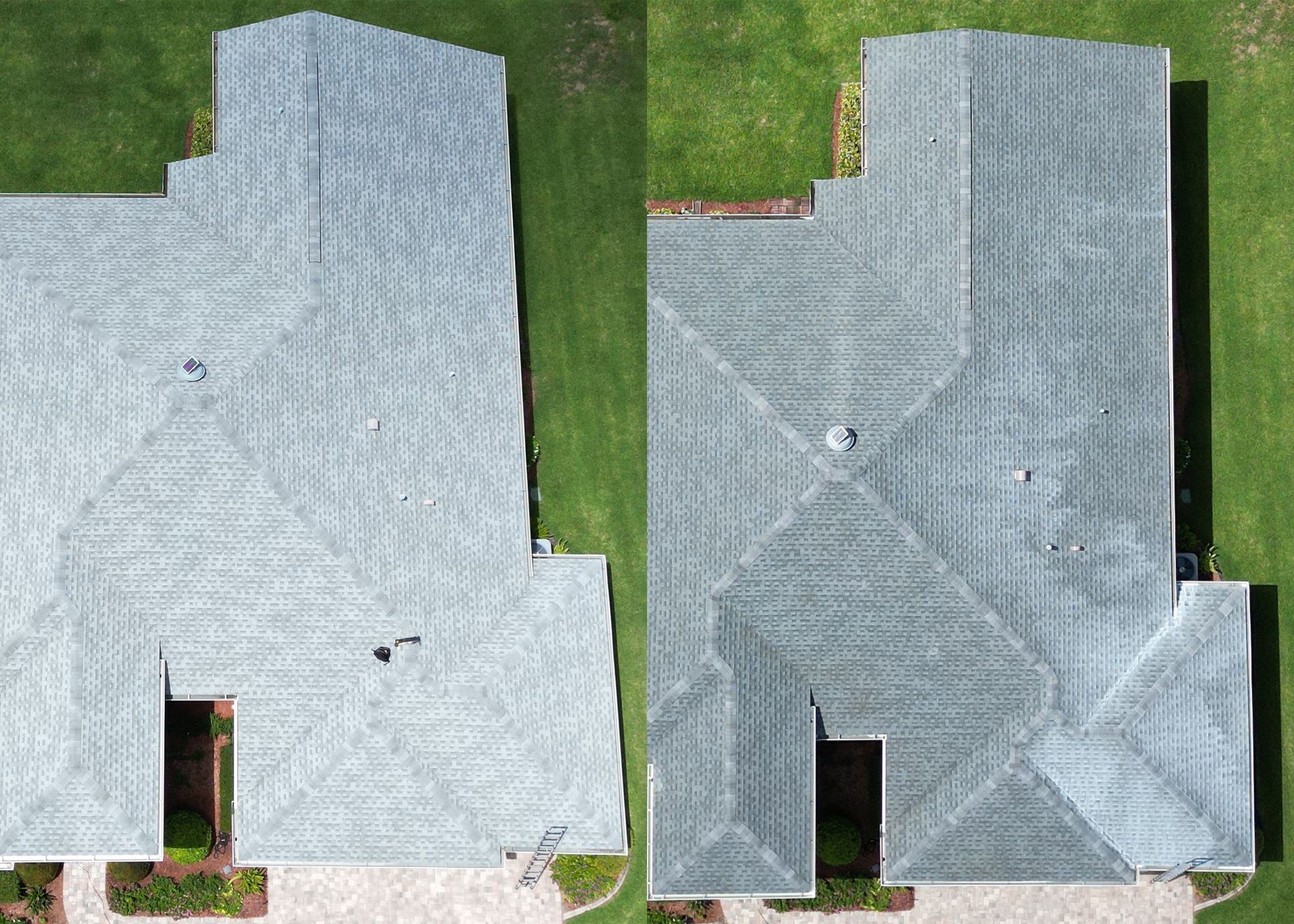 Overhead view of a house roof with gray shingles. Green grass surrounds the structure.