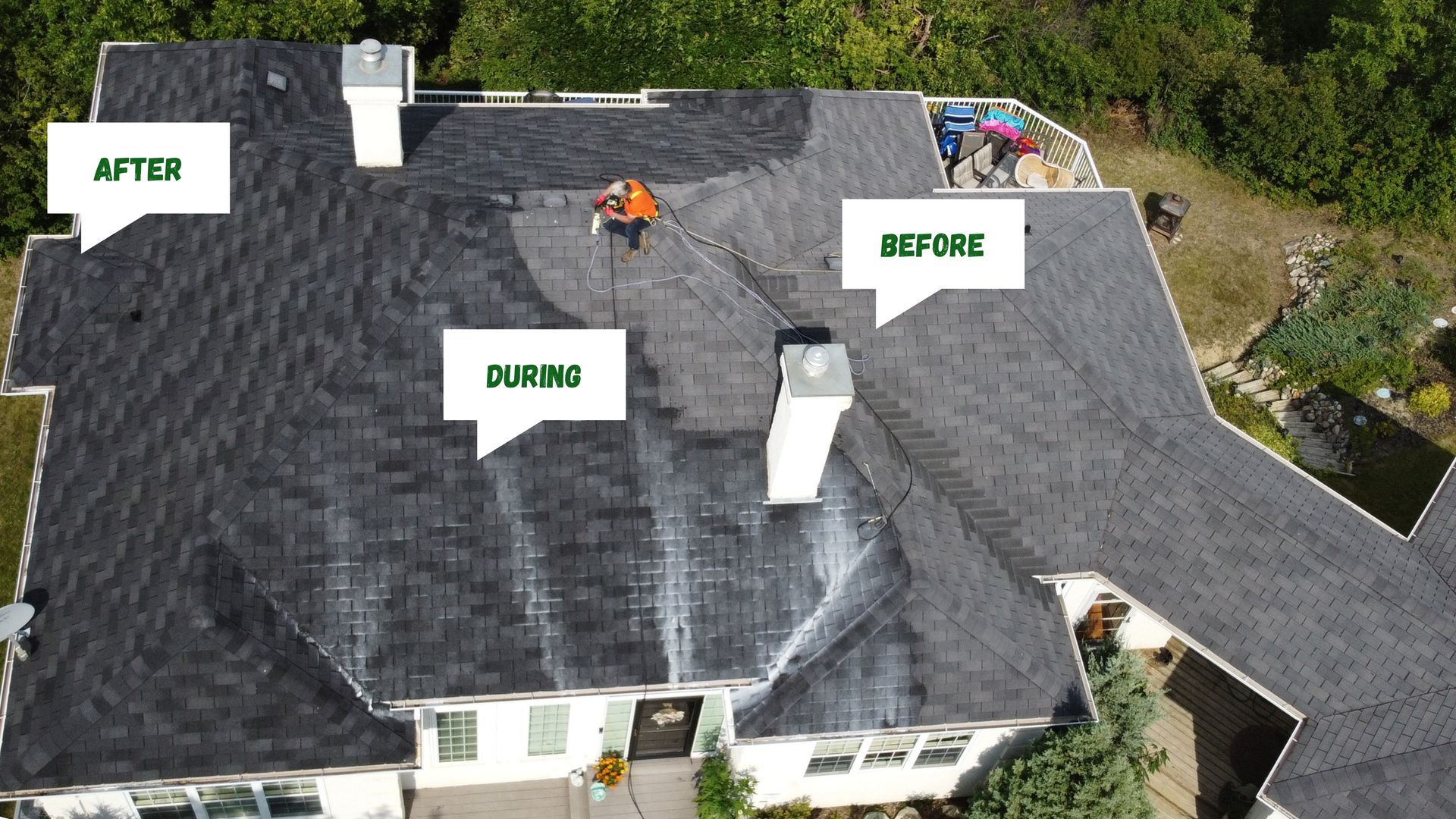 Roof cleaning: Comparison of before, during, and after with a worker power washing a dark shingle roof.