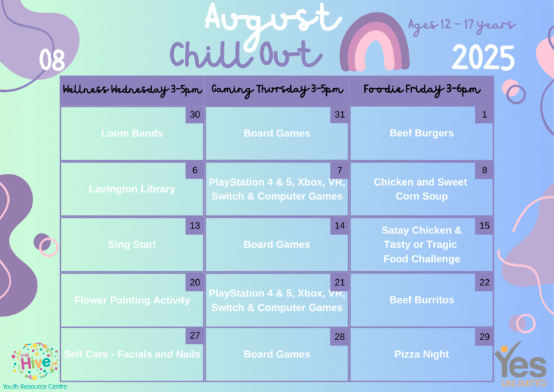 August 2025 calendar for youth ages 12-17