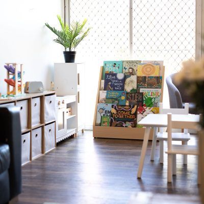 Children's play area with bookshelf