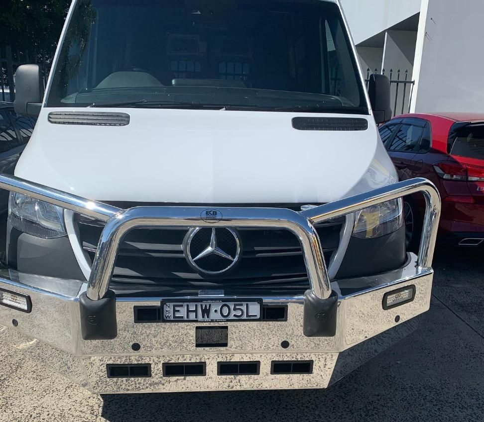 White Mercedes-Benz Van With a Chrome Bull Bar — Motor Accessories Direct In Tweed Heads, NSW