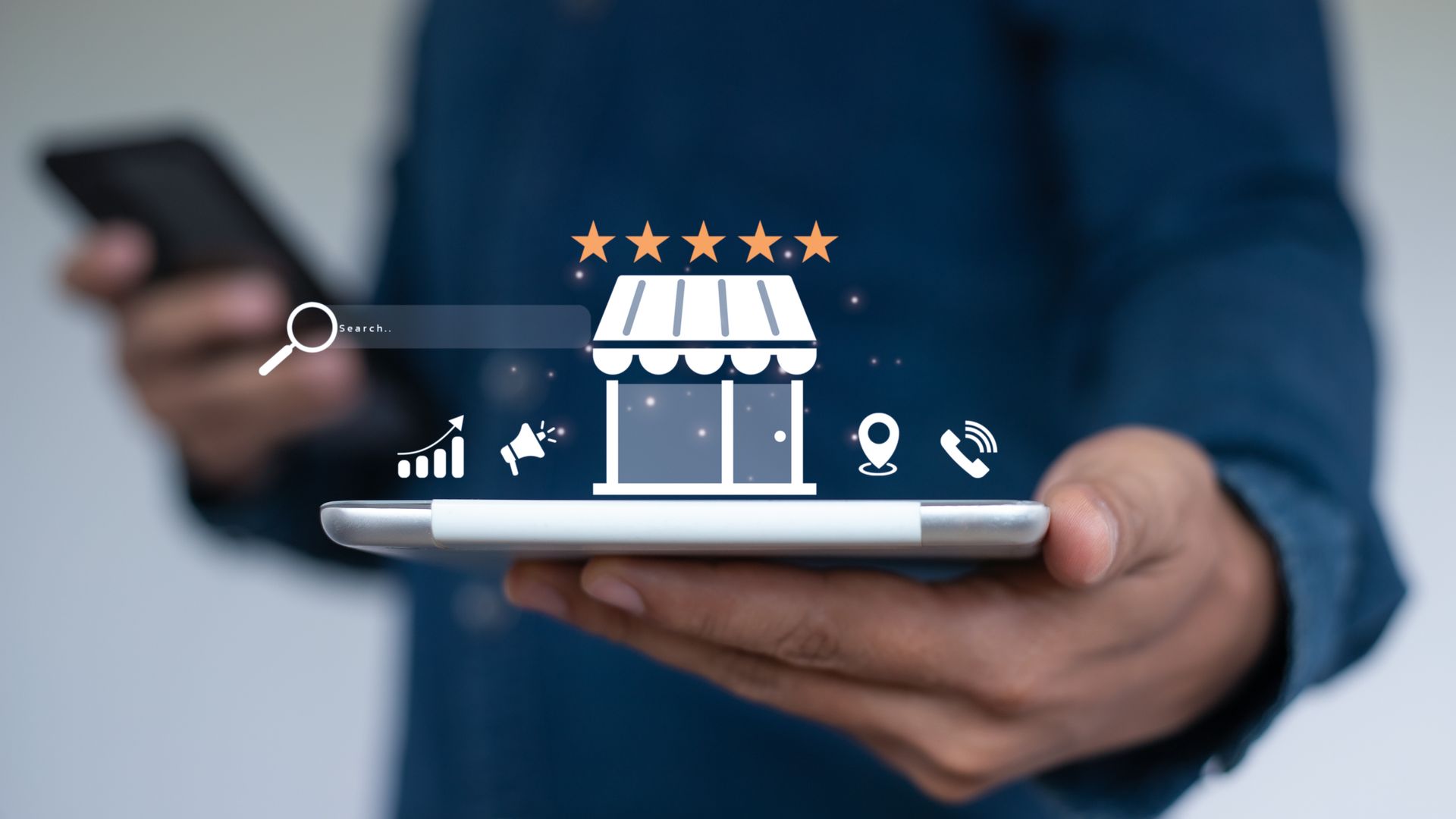 Person holding smartphone with shop icon and stars, showing online business reviews.