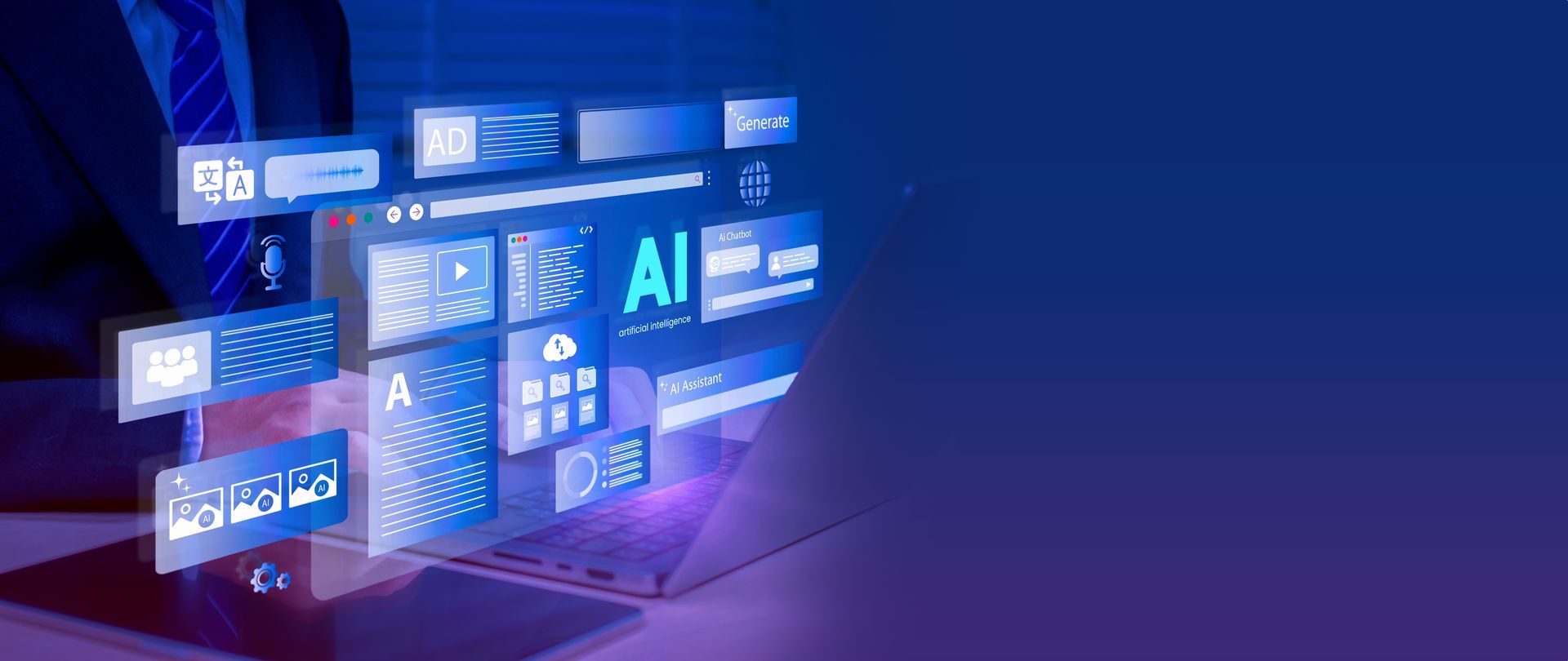 A person using a laptop with an AI interface, with blue and purple tones.