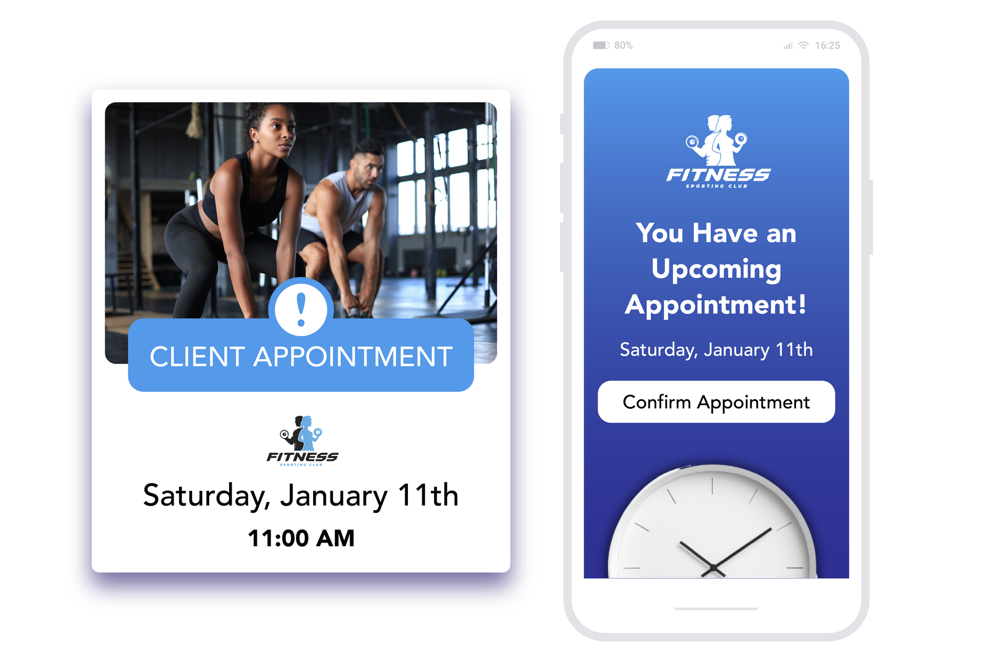 A cell phone with a clock on the screen next to a card that says `` you have an upcoming appointment ! ''