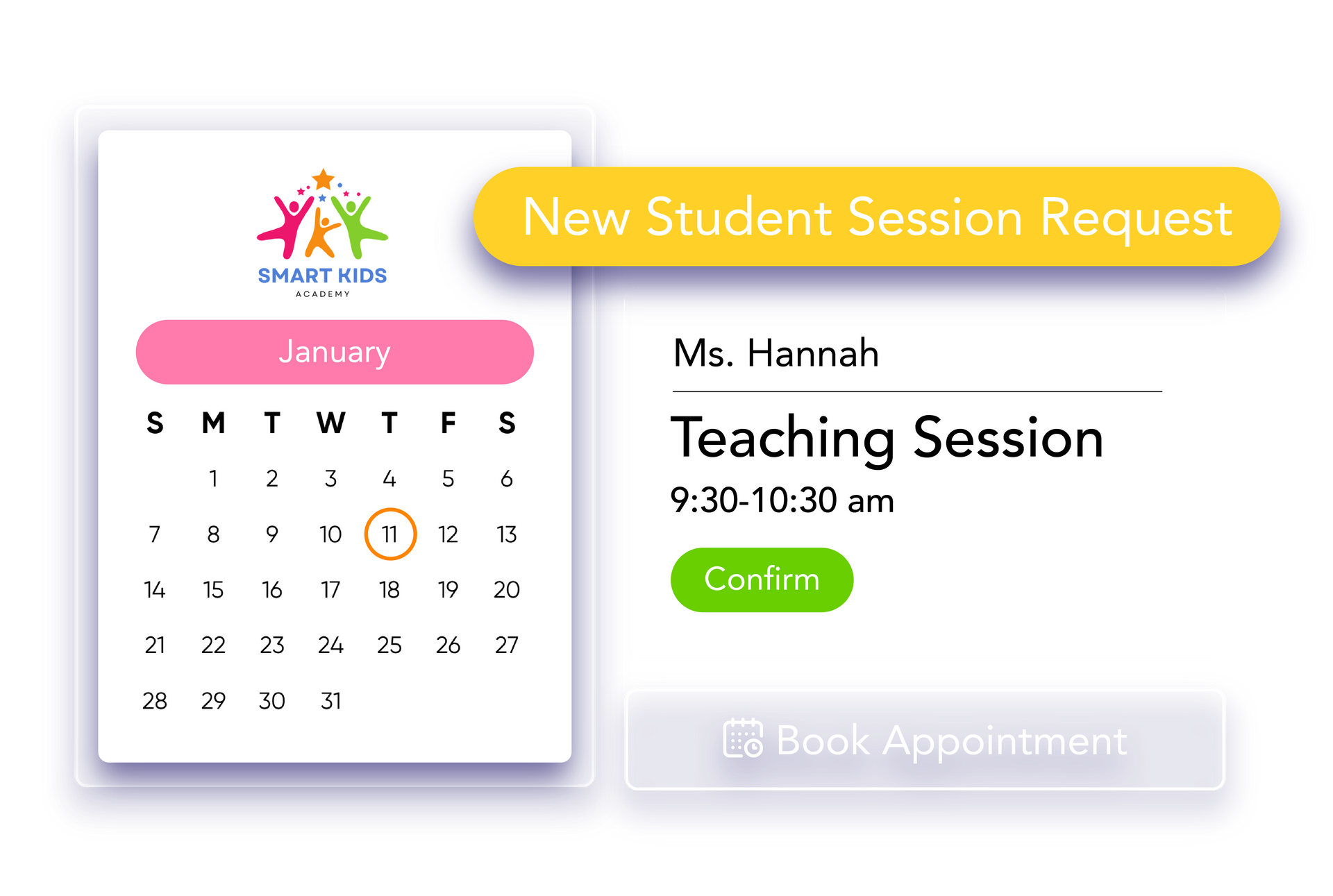 A calendar with a button that says `` new student session request '' on it.