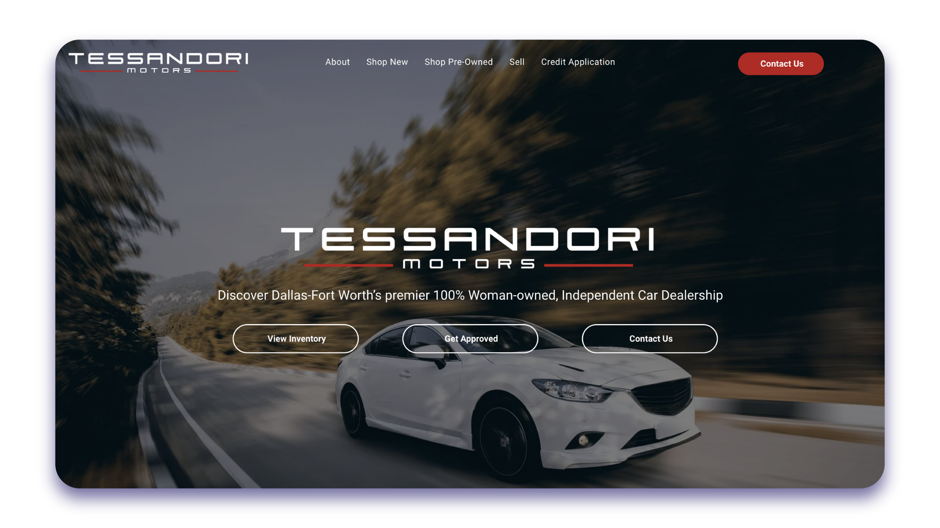 A white car is driving down a road on a website.