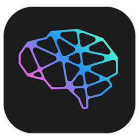 An app icon with a colorful brain on a black background.