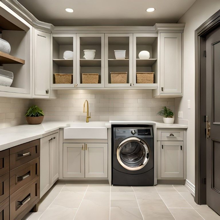 Laundry room with white open cabinets, dark wood drawers, white limestone countertop