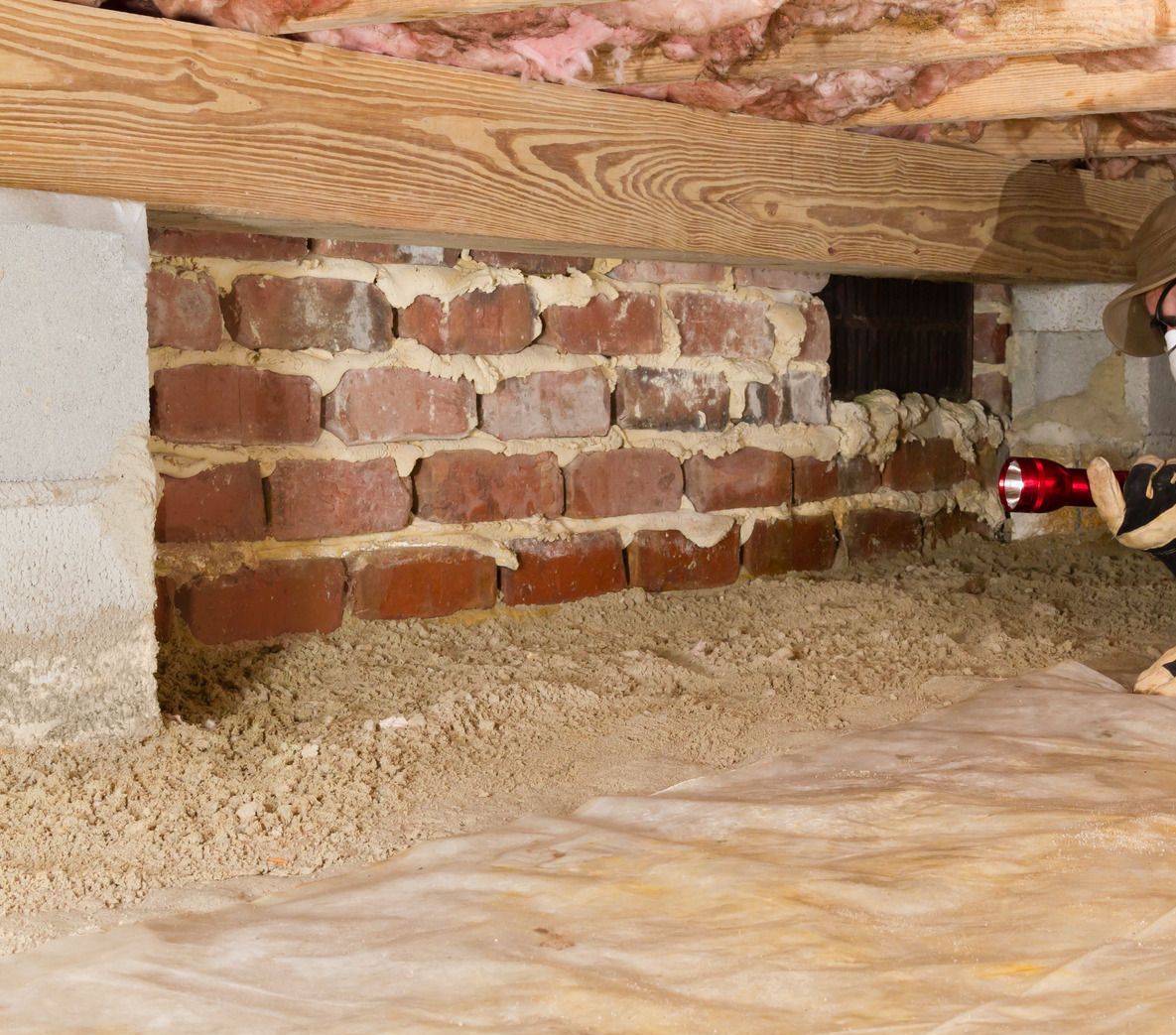 A person holding a flashlight under a brick wall