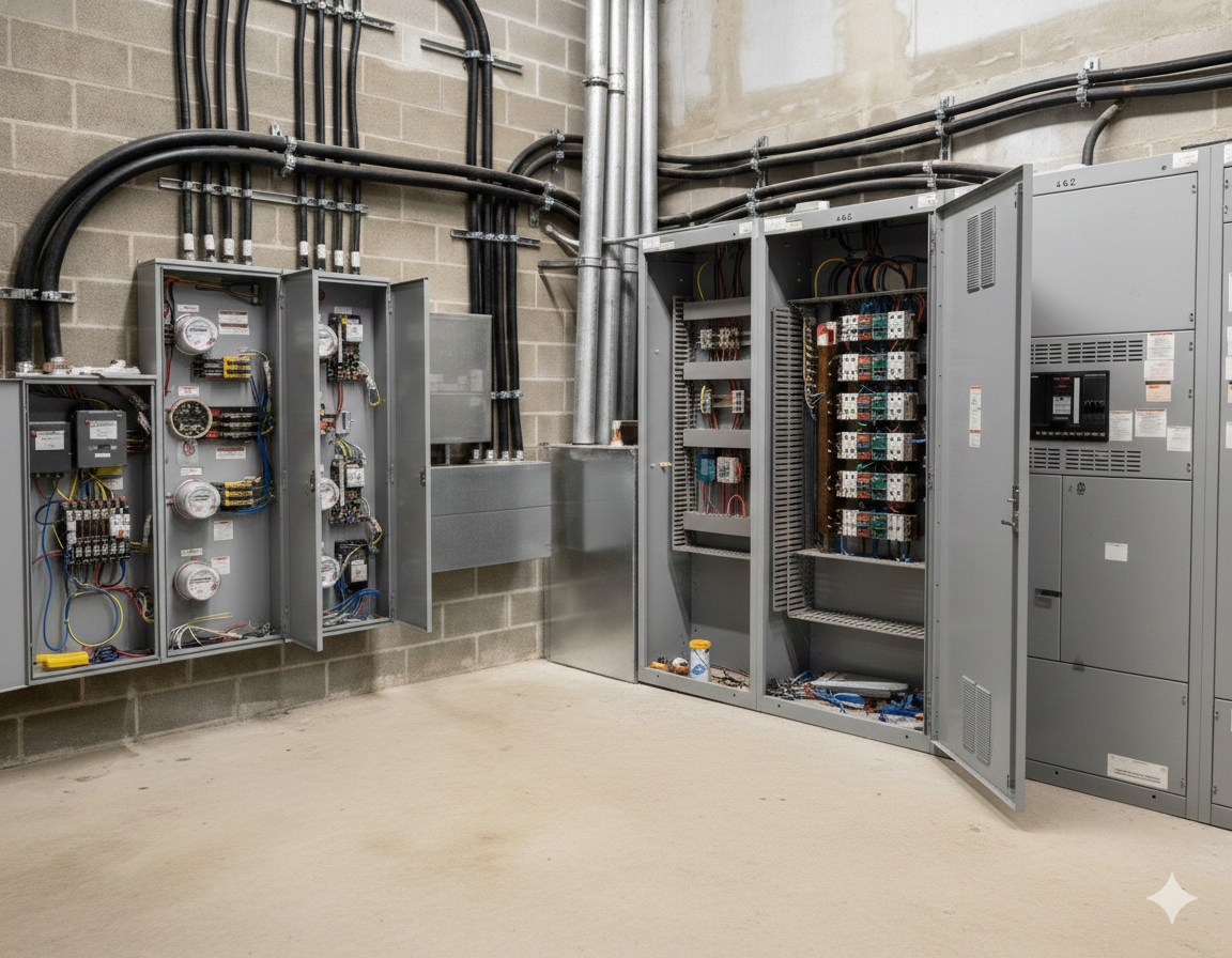 Electrical control panels with exposed wiring in an unfinished room.