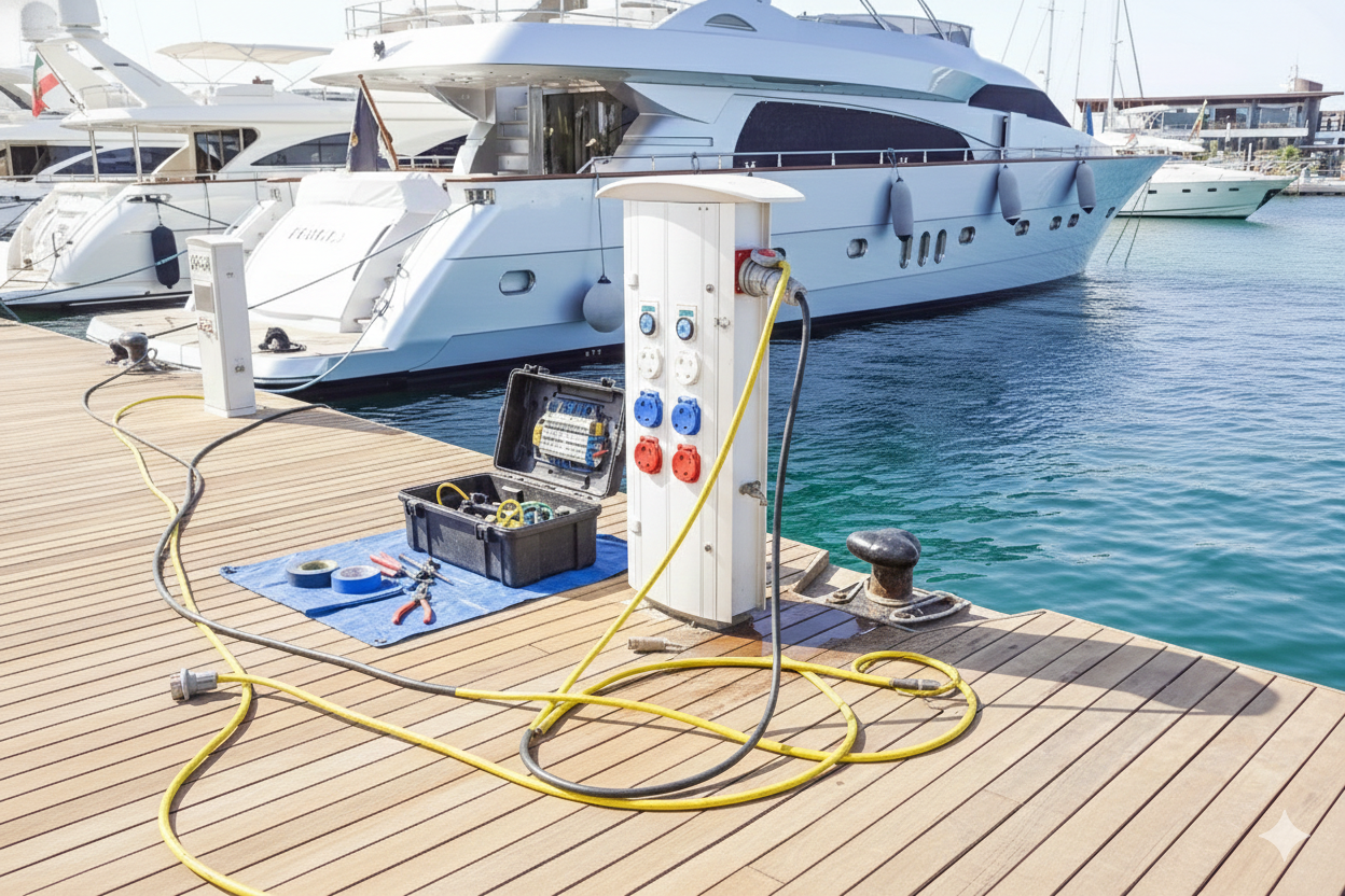 Dockside electrical outlet tower with cords connecting to a large white yacht in a marina.