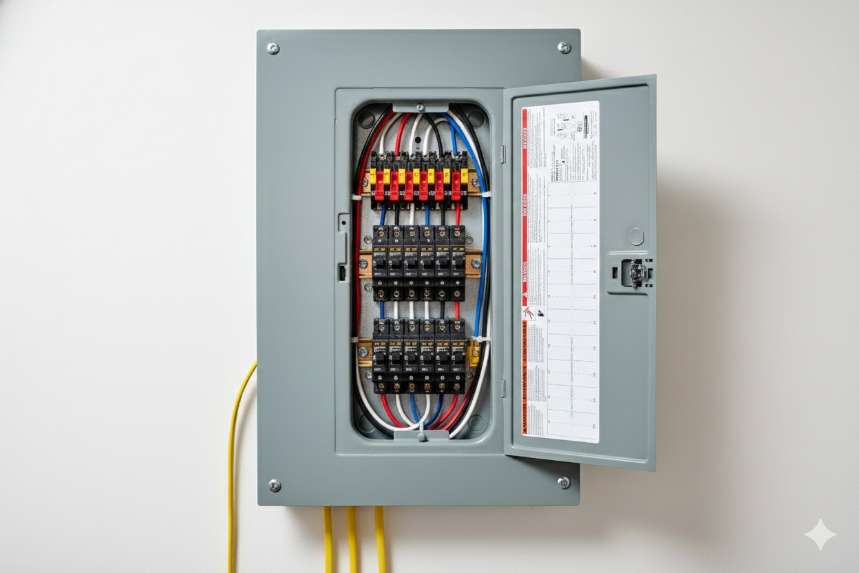 Open electrical panel with wires and circuit breakers on a white wall.