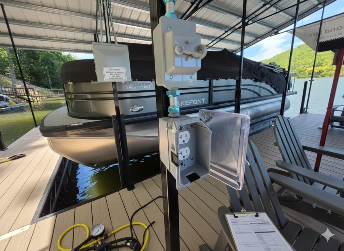 Electrical outlets mounted on a pier post next to a pontoon boat and water.