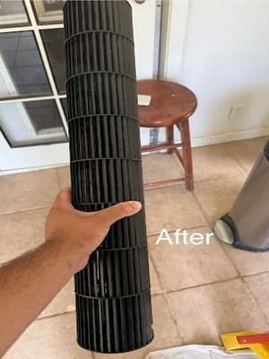 Hand holding a black cylindrical air filter next to a stool and window, with “After” text.