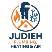 JUDIEH Plumbing, Heating & Air logo with wrench, flame, snowflake, and house icon in blue, orange, and white