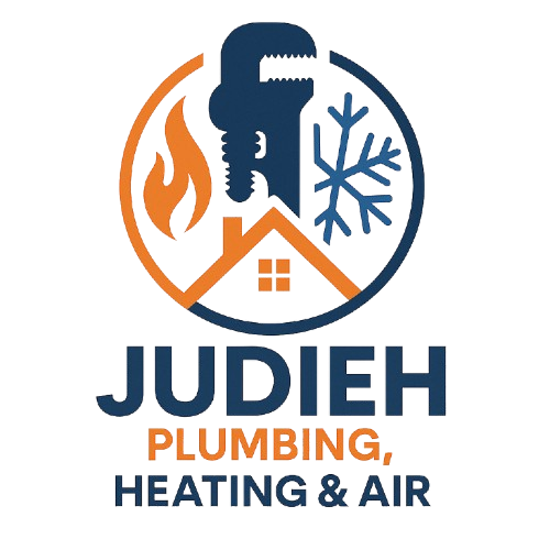 JUDIEH Plumbing, Heating & Air logo with wrench, flame, snowflake, and house icon in blue, orange, and white