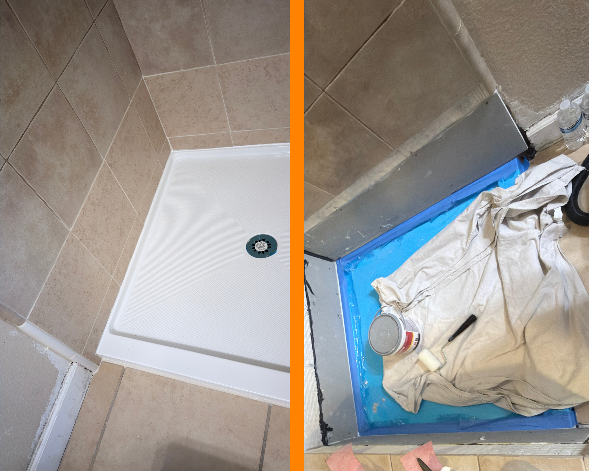 Bathroom corner with white shower tray, and a blue bin filled with dirty towels and a can.