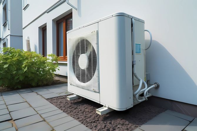 A white air conditioner is sitting on the side of a building.