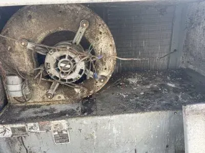 A close up of a dirty fan with a motor attached to it.