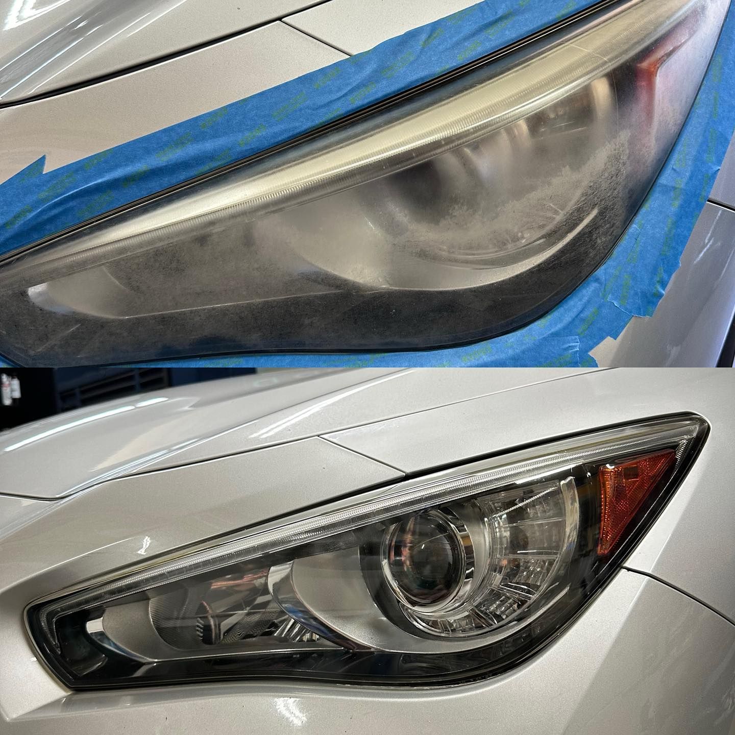 A before and after picture of a car headlight being restored.