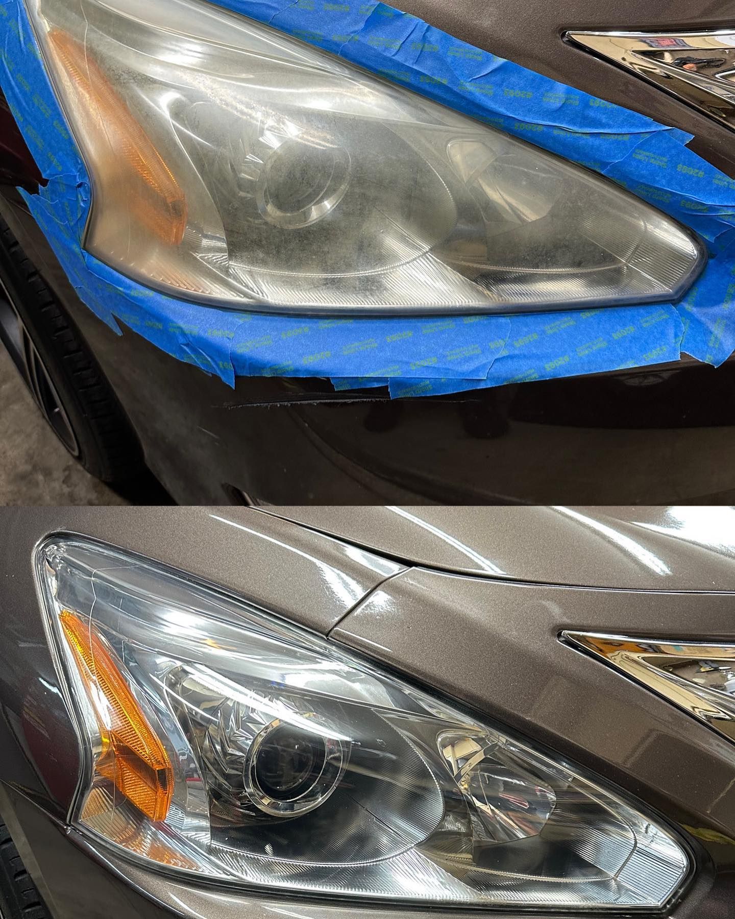 A before and after picture of a car headlight being restored.